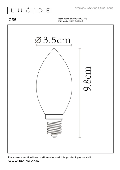 Lucide C35 - Glühfadenlampe - Ø 3,5 cm - LED Dim. - E14 - 1x3W 2200K - Amber - technisch